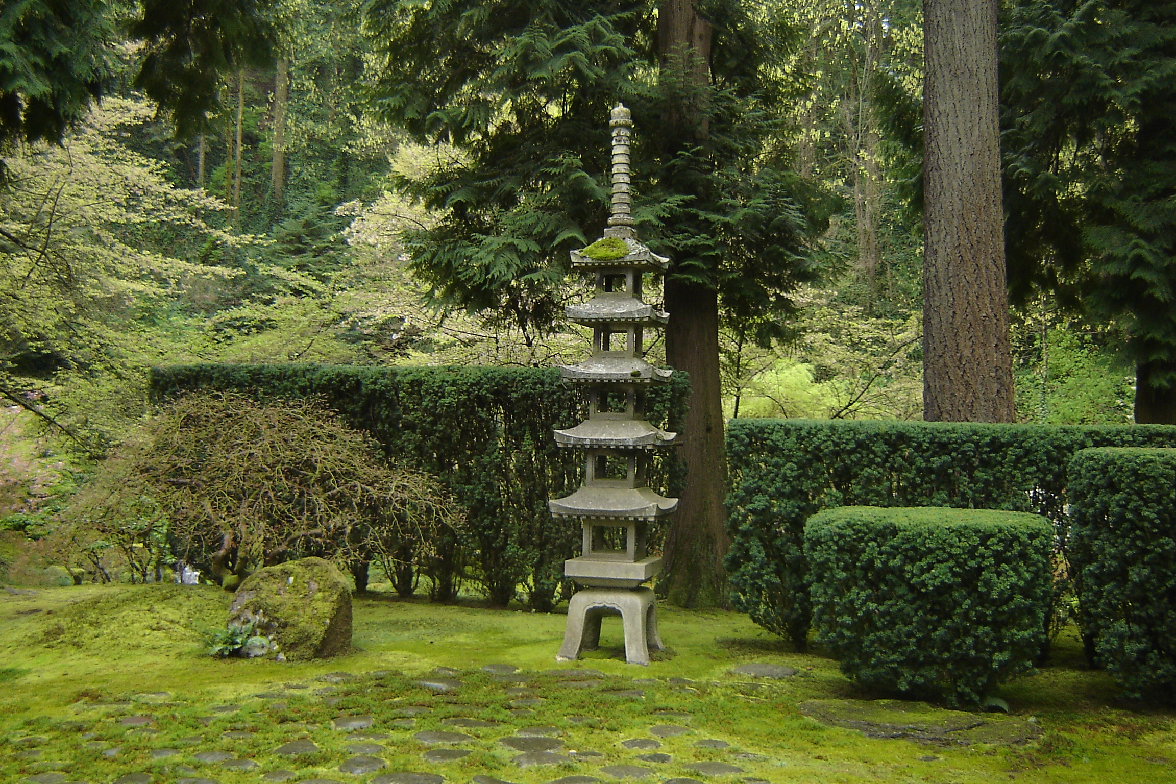 Color photo of a tall Japanese pagoda