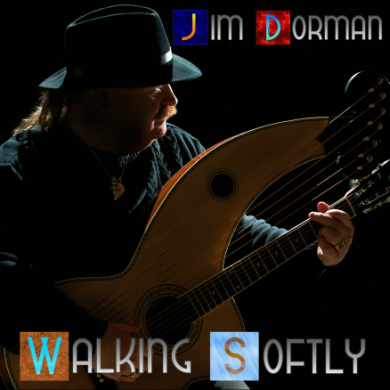 The cover of the Walking Softly EP showing Jim with his harp guitar