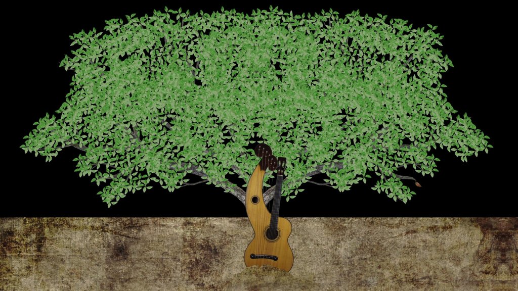 Leafy tree branches growing out of a harp guitar